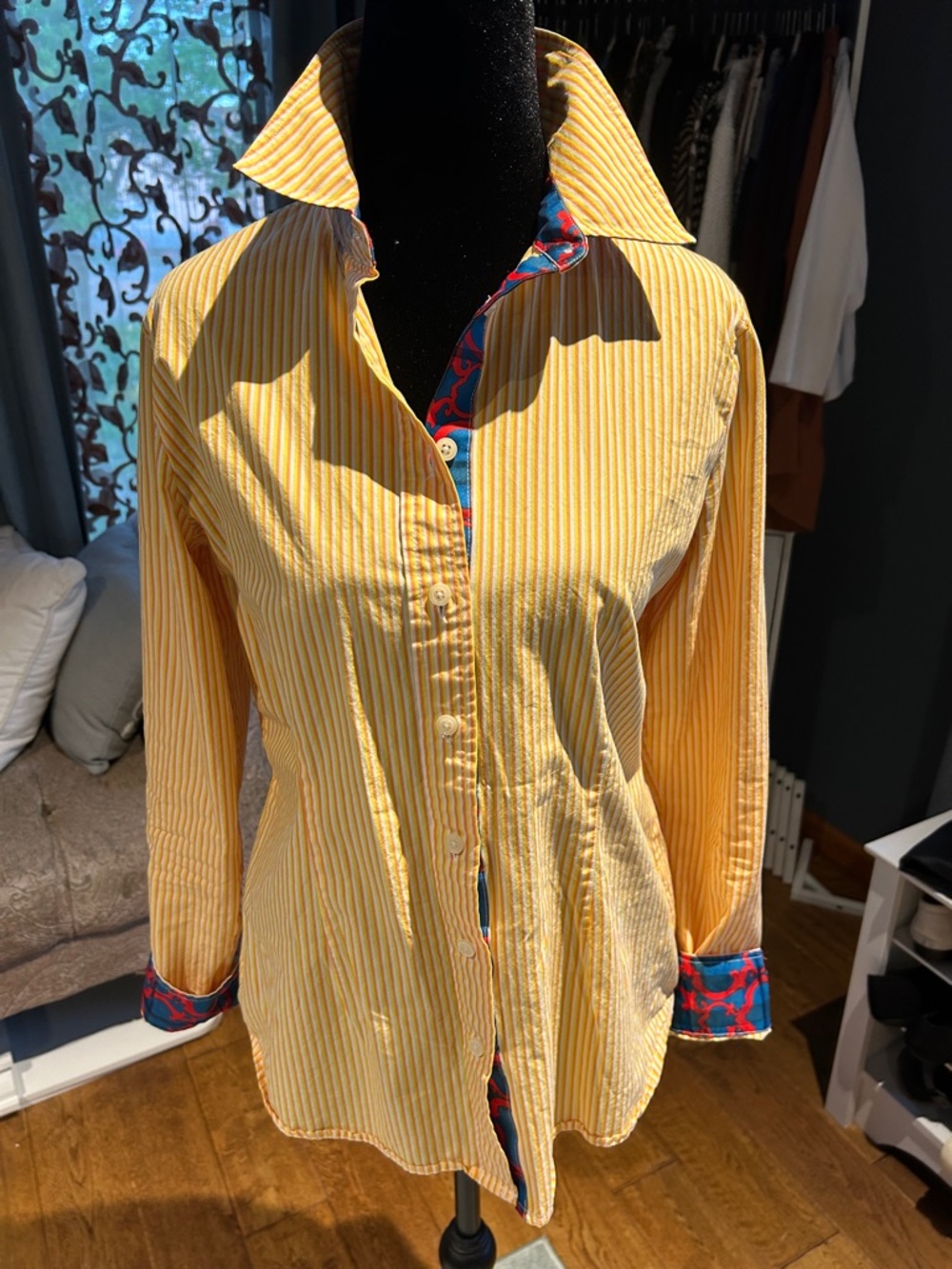 Yellow white and orange Striped Button-Front Women's Shirt